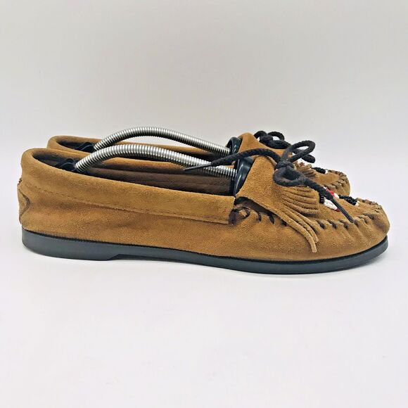 Minnetonka Thunderbird Animikii Beaded Brown Suede Moccasin Women's 10 Hard Sole - Picture 3 of 12